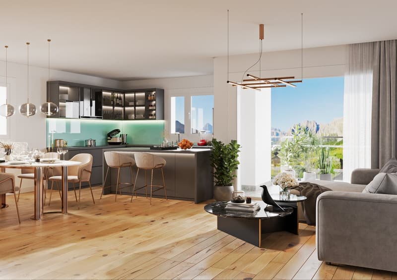 Open plan living room and kitchen with large windows, hardwood floors, dining table, bar stools, and a sofa with a side table.