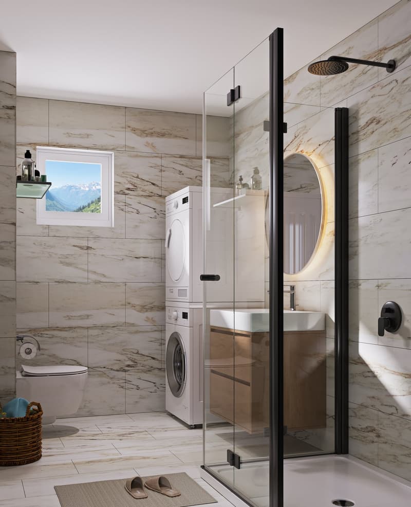 Private washing machine, glass shower, toilet, sink, mirror