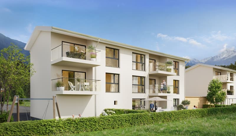 Modern two-story building, white walls, multiple balconies, landscaped gardens, scenic mountain views
