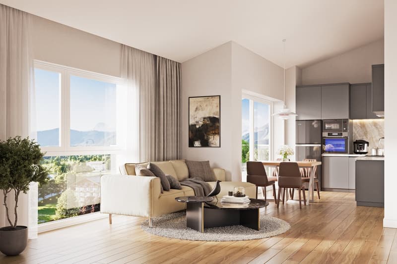 modern living room with sofa, large window, dining table and chairs, modern decor
