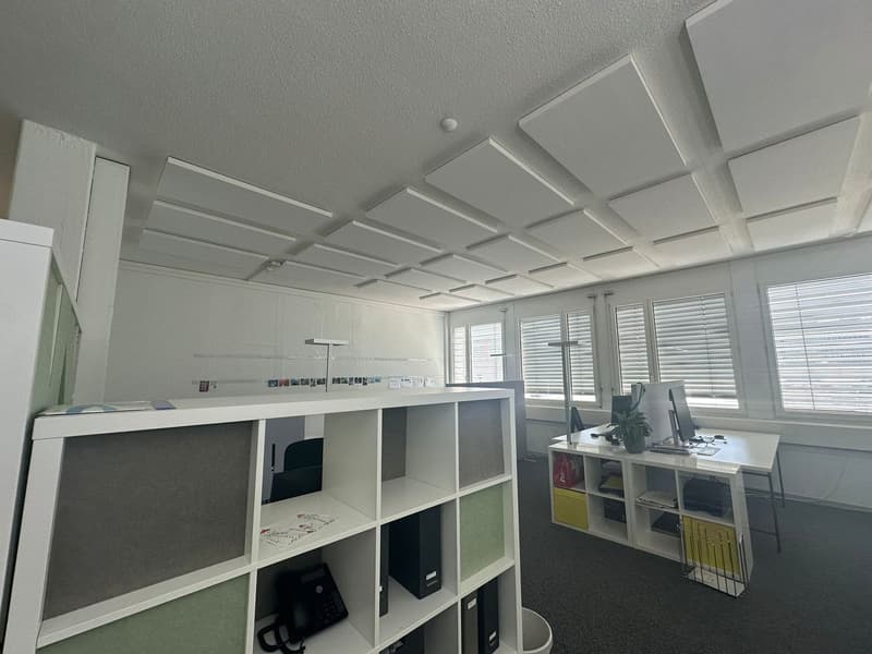 The image shows a modern office space with a white ceiling with recessed lighting, white walls, and large windows providing natural light. The room features built-in shelving units and a desk with a computer setup, indicating it is used as a workspace or