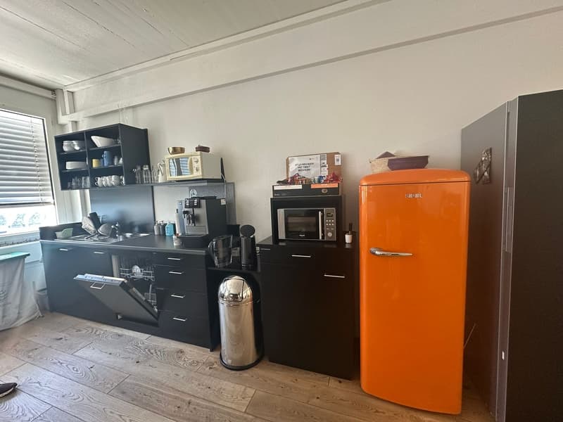 The image shows a kitchen area with a black kitchen cabinet, a microwave oven, and an orange retro-style refrigerator. There is also a dishwasher visible in the kitchen cabinet.
