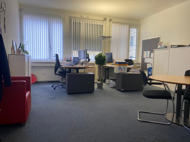 An empty office space with white walls and gray flooring, featuring two desks with monitors, chairs, and storage cabinets. There is a red armchair on the left side, a round table on the right side, and a potted plant in the center.
