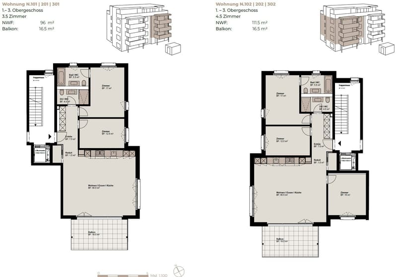 4.5-Zimmer-Grundrissplan 1. und 2. OG