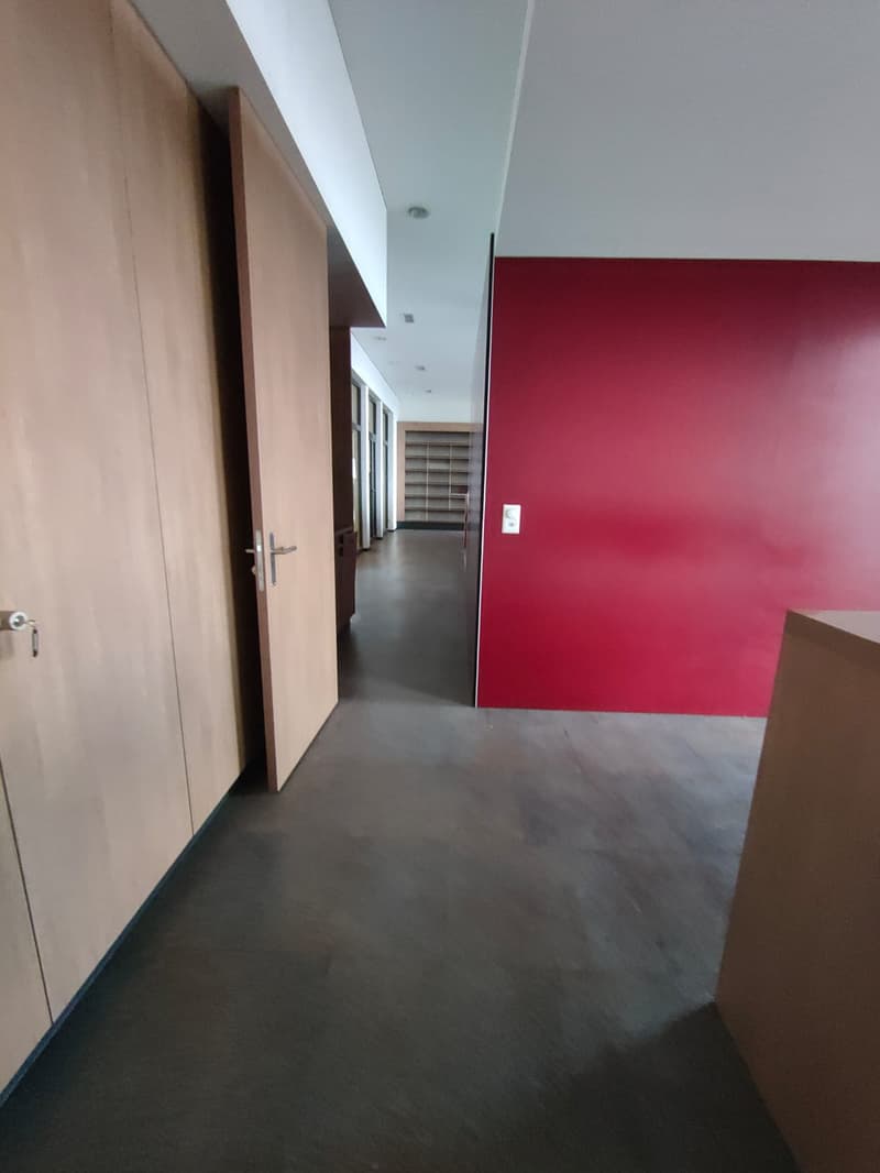 Wide hallway with grey floor, red wall, wooden closets, light ceiling