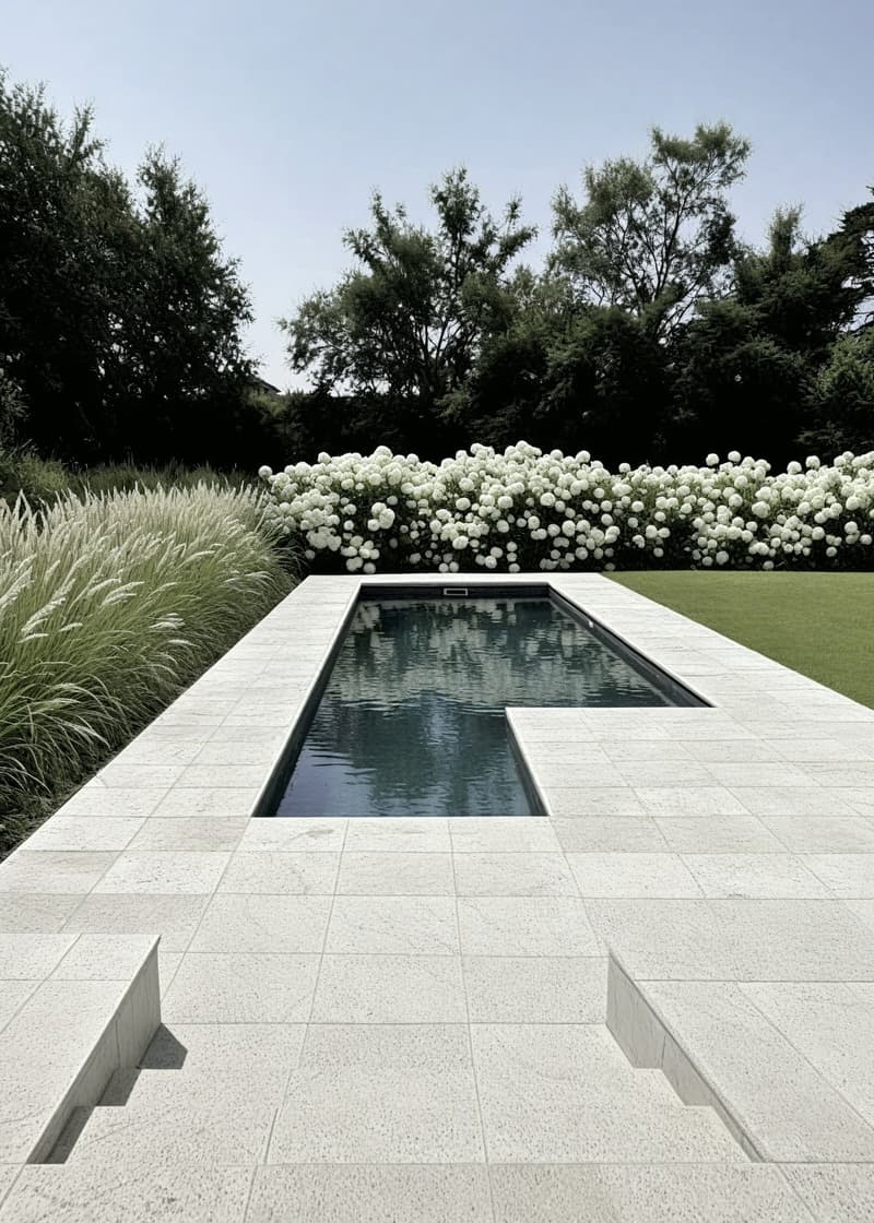 Swimming pool surrounded by white stone pavements, surrounded by lush greenery and large white flowers