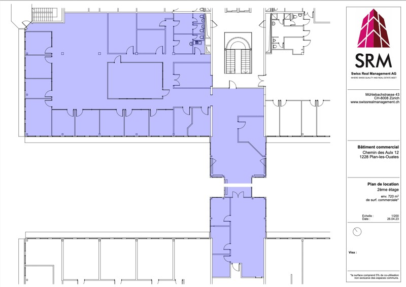 The floor plan shows a commercial building with multiple rooms and spaces. The main areas include a large central space, several smaller rooms, and a staircase. The building appears to have a total commercial surface area of 720 square meters.