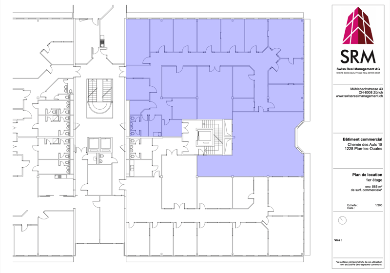 Commercial space layout, detailed rooms, stairs, elevator, emergency exit, labeled areas