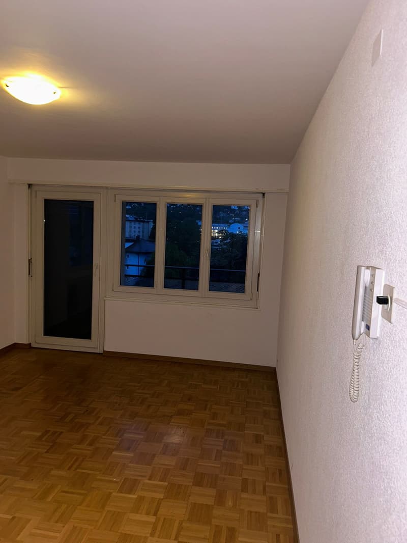 empty room, wooden floor, white walls, sliding door, large window, balcony, city view