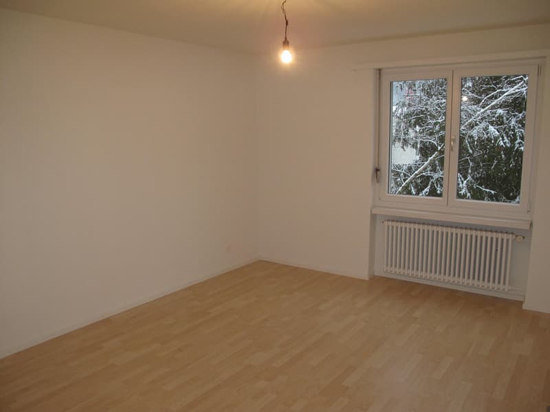 empty room, wooden floor, white walls, window with view of snowy trees