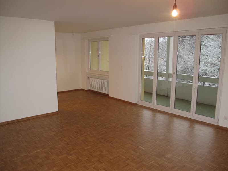 empty room, wooden floor, white walls, sliding glass doors to balcony, radiator, window