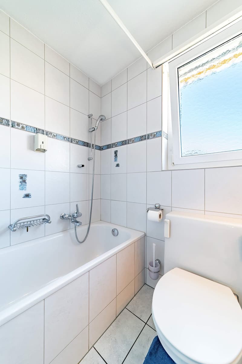 white tiles, bathtub, shower, toilet, window