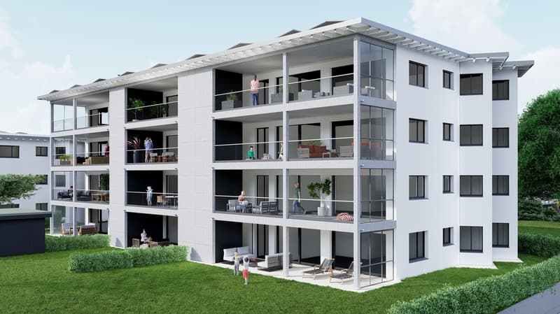Contemporary multistory building with glass windows and balconies, several residents engaged in outdoor activities, greenery in front and sides.