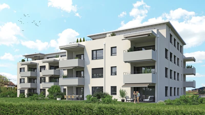 A modern, multi-story apartment building with balconies, surrounded by greenery and landscaping. The building has a clean, minimalist design with large windows and a mix of light and dark colors.