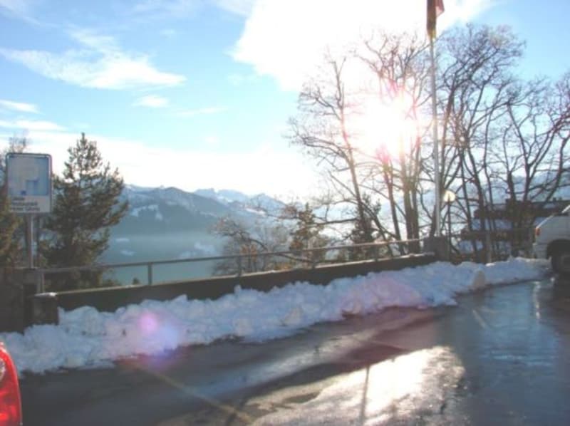 Snowy mountain landscape with a lake, trees, and a walkway covered in snow. The sun is shining through the trees, creating a scenic winter view.