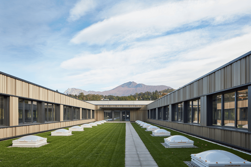 modern building with large windows, courtyard with green grass and skylights