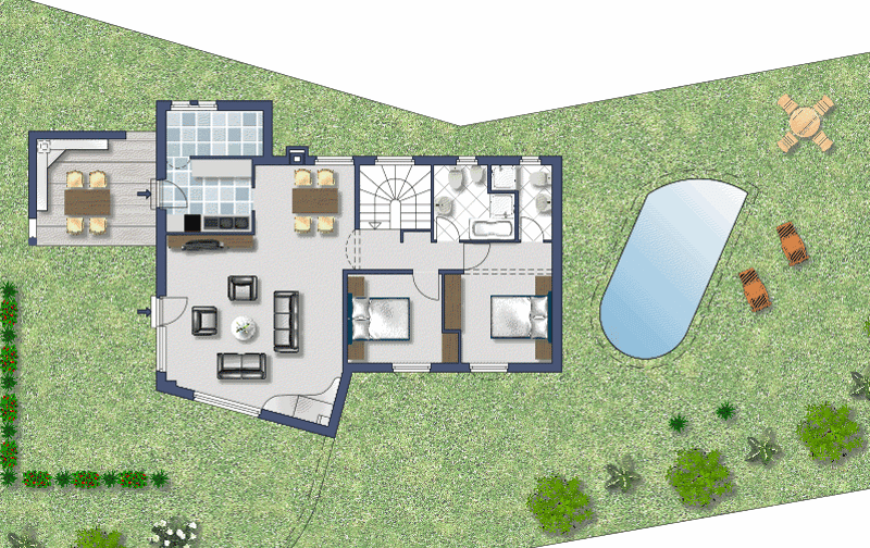 kitchen, dining room, living room, 3 bedrooms, bathrooms, balcony, swimming pool