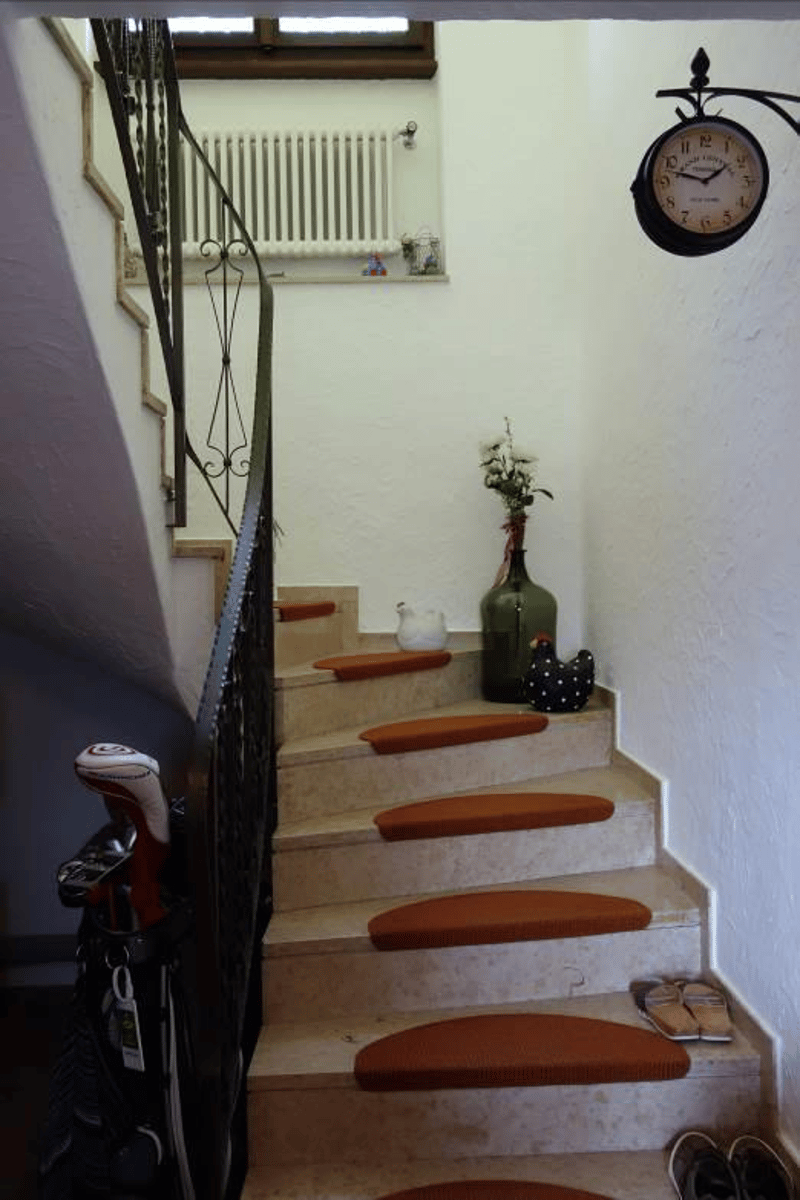marble staircase, red carpet on steps, clock, radiator, flower vase, figurines, shoes, golf club