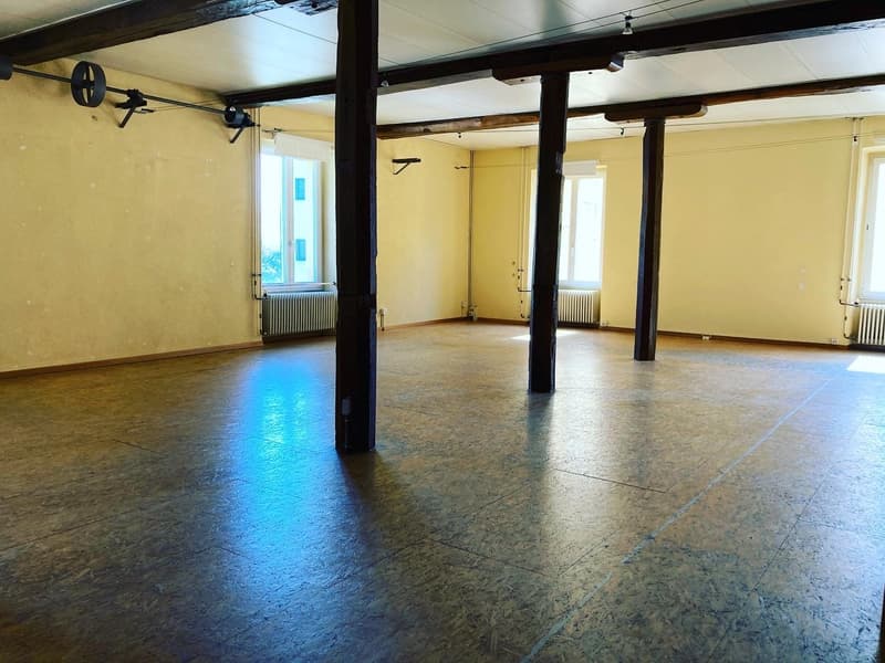 empty room, wooden floor, windows, white walls, radiators, wooden beams, blue lighting
