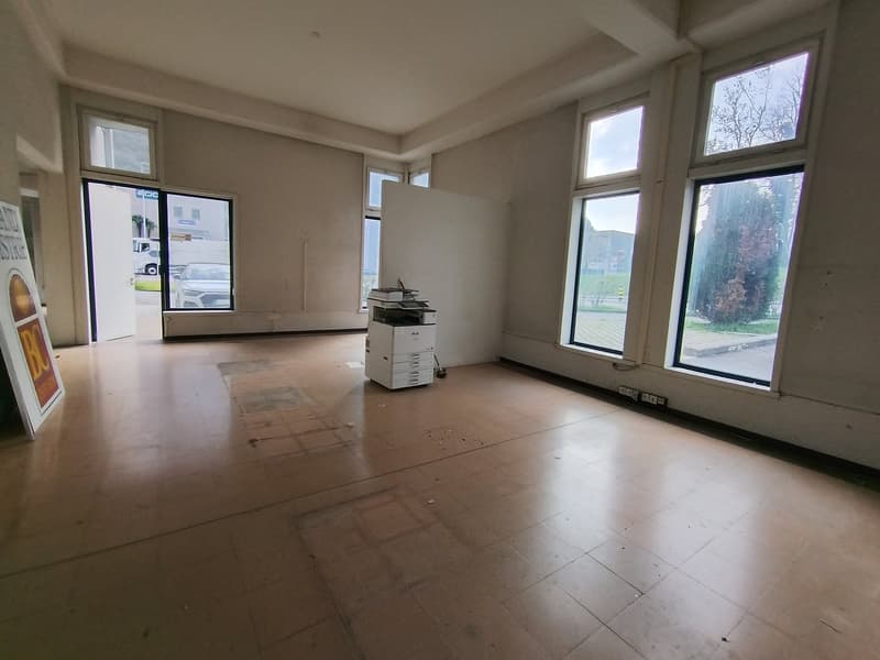 empty room, tiled floor, glass windows, doorway, photocopier