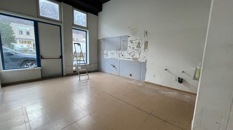 empty room, tiled floor, two windows, entrance, ladder