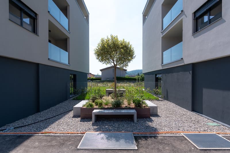 Modern apartment buildings with balconies, a central courtyard with a tree, raised garden beds, and a gravel path leading to a grated drainage cover.