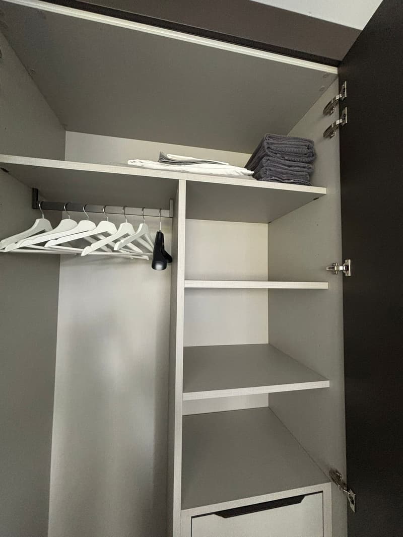 empty wardrobe with several shelves, one drawer, a coat rack