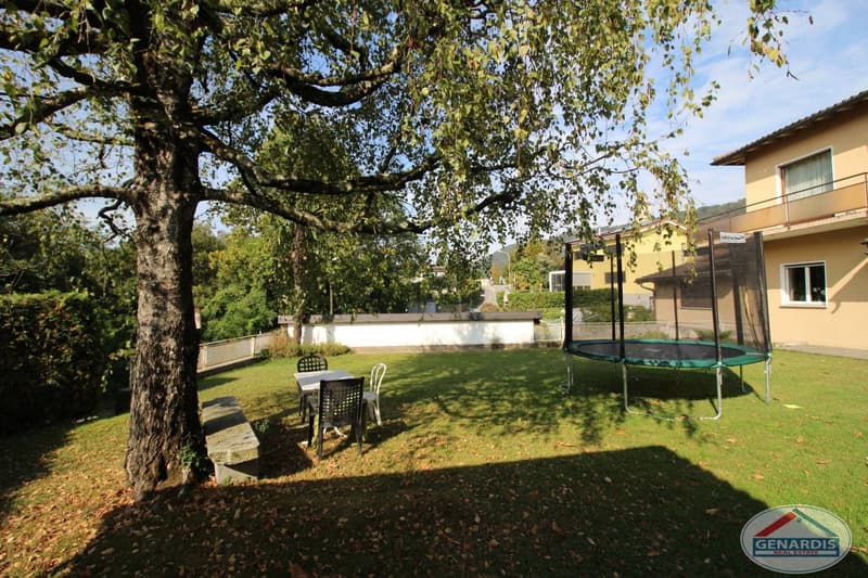 backyard, grass, table and chairs, tree, trampoline, stone bench, beige house, bushes, fence