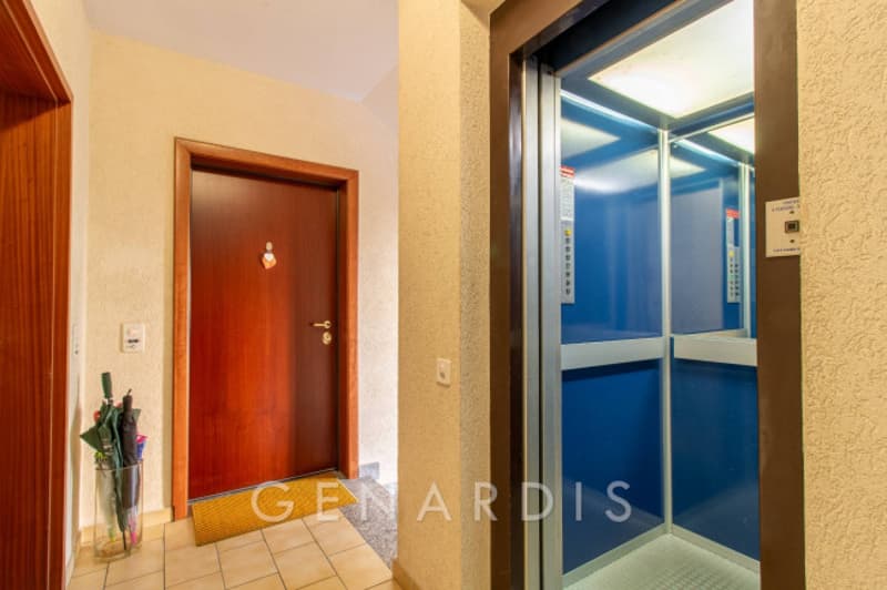 elevator, door, tiled floor, umbrella stand