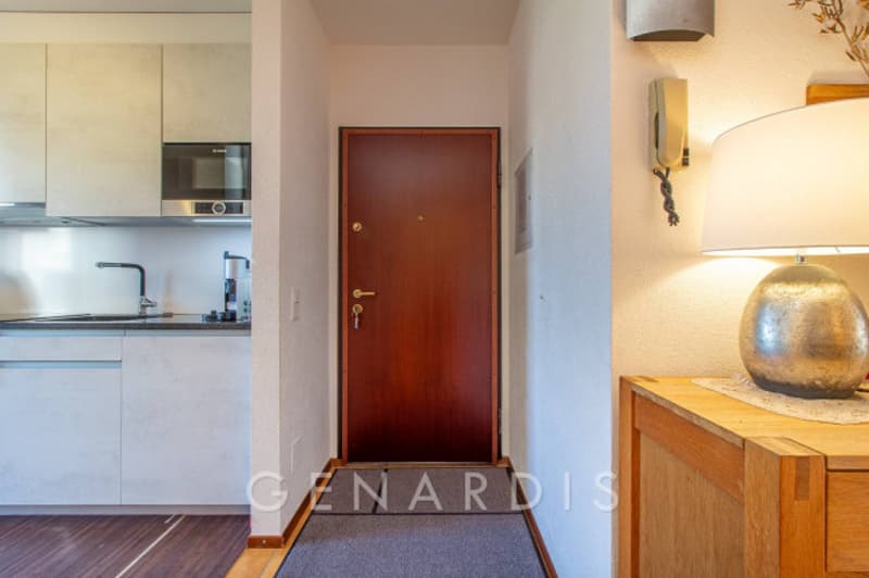 kitchen with sink, faucet, microwave, coffee machine, wooden door, wooden cabinet, lamp, telephone