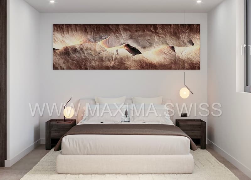 modern bedroom with a large bed, white walls, white rug, wooden nightstands, pendant lamps, large artwork