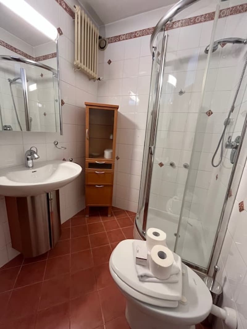 A small bathroom with white sink, shower cubicle, toilet, and wooden cabinet