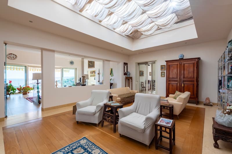 large living room, wooden floor, white walls, large windows, glass door, white chairs, wooden cabinet, glass table, rug, skylight