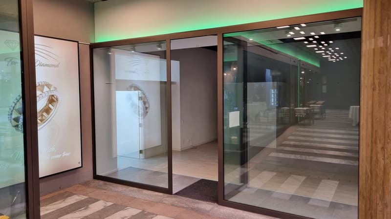 glass doors, wooden frame, green lights, tiled floor, wooden wall, advertisement poster