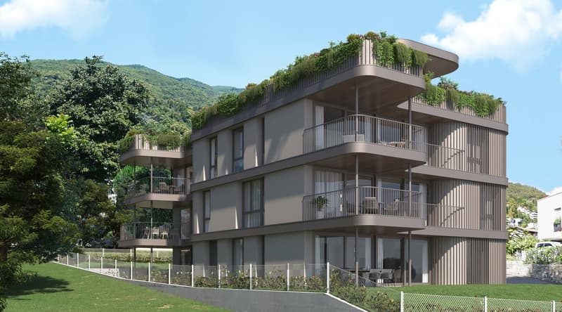 Modern multi-story apartment building with balconies, raised ground floor, and surrounded by greenery and trees