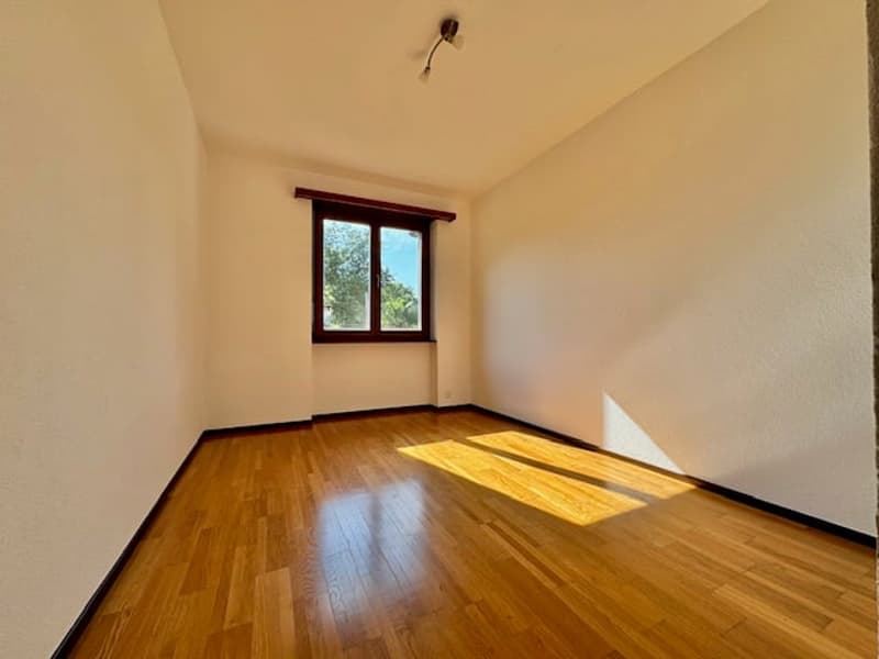 Empty room with white walls, wooden floor, large window, and a ceiling light.