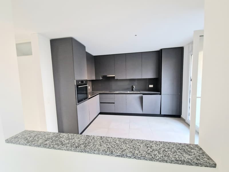 modern gray kitchen, marble countertop, white tile flooring, built-in oven, under cabinet lighting