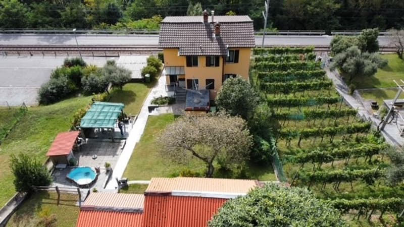 2-story yellow house with red roof tiles, surrounded by a garden with a swimming pool, vineyards, and other landscaping elements