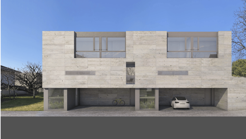 2-story concrete house, large windows, modern design, garage with entrance