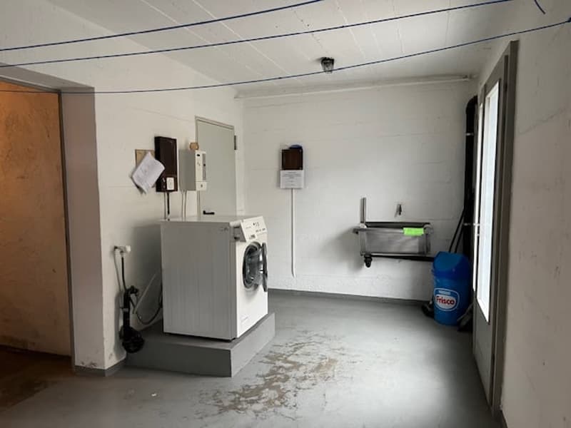 The image shows a utility room with a washing machine, a dishwasher, and some storage shelves. The room has white walls and a concrete floor.