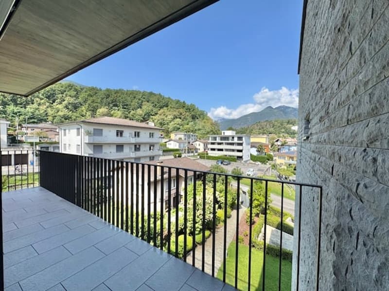 Balcony with a view of the surrounding buildings, trees, and mountains in the distance.