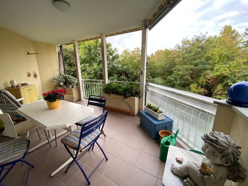 Balcony with tile flooring, table, chairs, potted plants, railings, greenery view