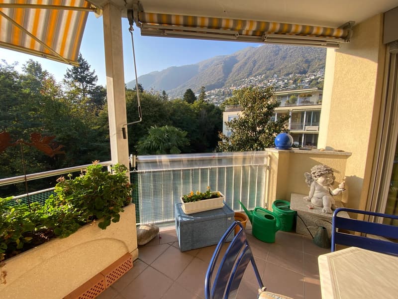 Terrace with garden view, metal railing, wooden storage box, plants, garden tools, chairs, table