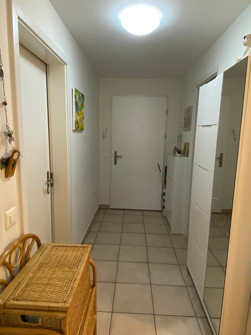 hallway, white walls, tiled floor, white doors, artwork, overhead light, wicker basket