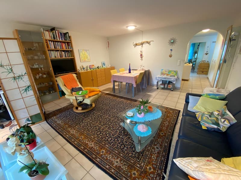 modern living room, wooden furniture, carpet, large windows, plants, sofa, coffee table, rug