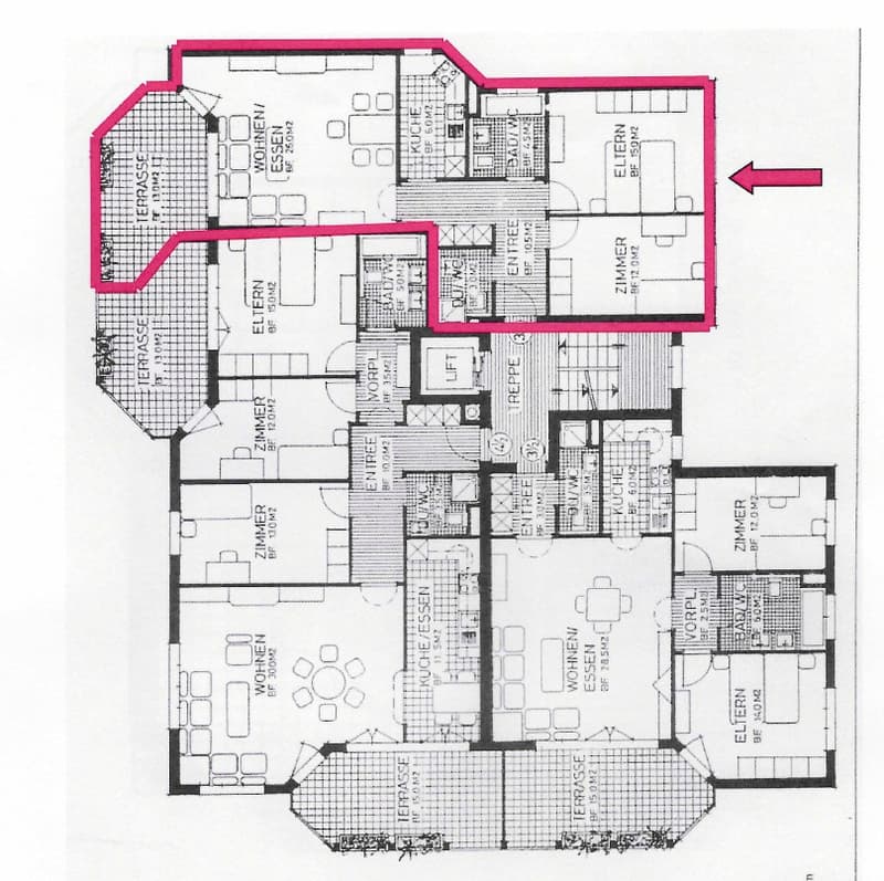 multiple levels, bedrooms, living areas, balconies, staircases, lift