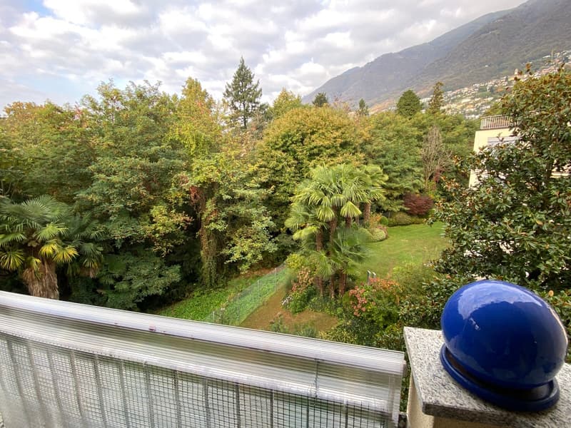 Garden view from a balcony, with trees, plants, and mountains in the distance