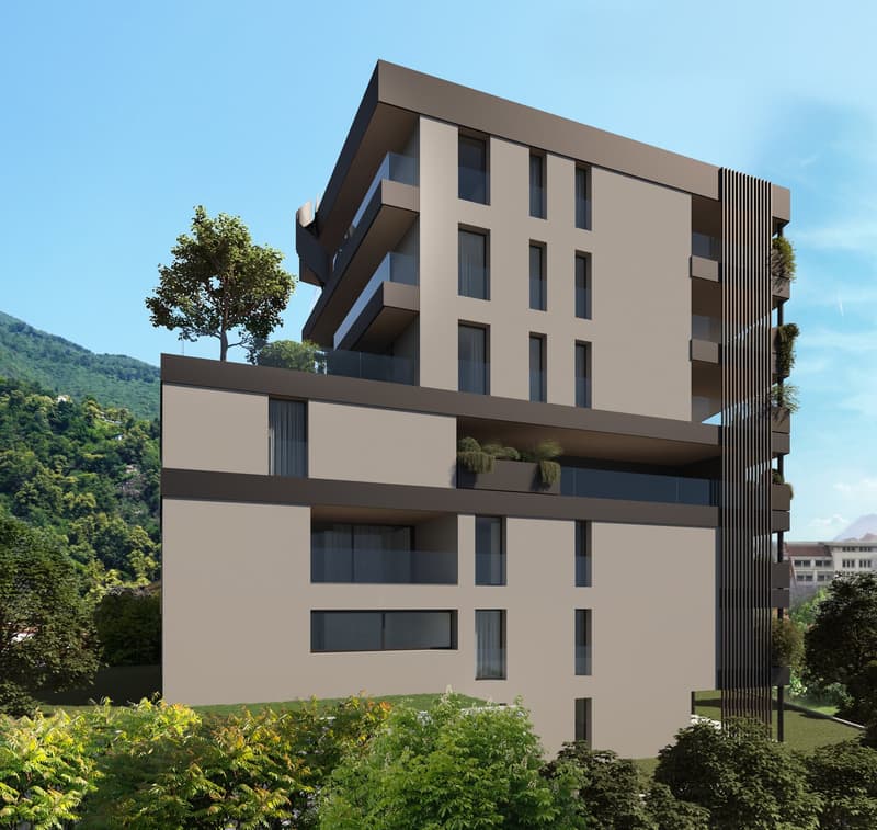 Apartment building, several floors, glass balconies, green plants, grey exterior, white interior, greenery