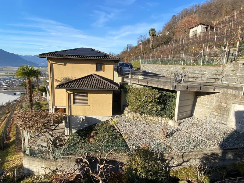 detached house on raised ground floor, concrete walls, solar panels on roof, surrounded by vegetation