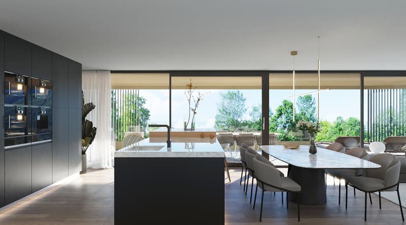 Open kitchen with island, dining area with modern chairs and table, sliding glass doors, white curtains, modern appliances